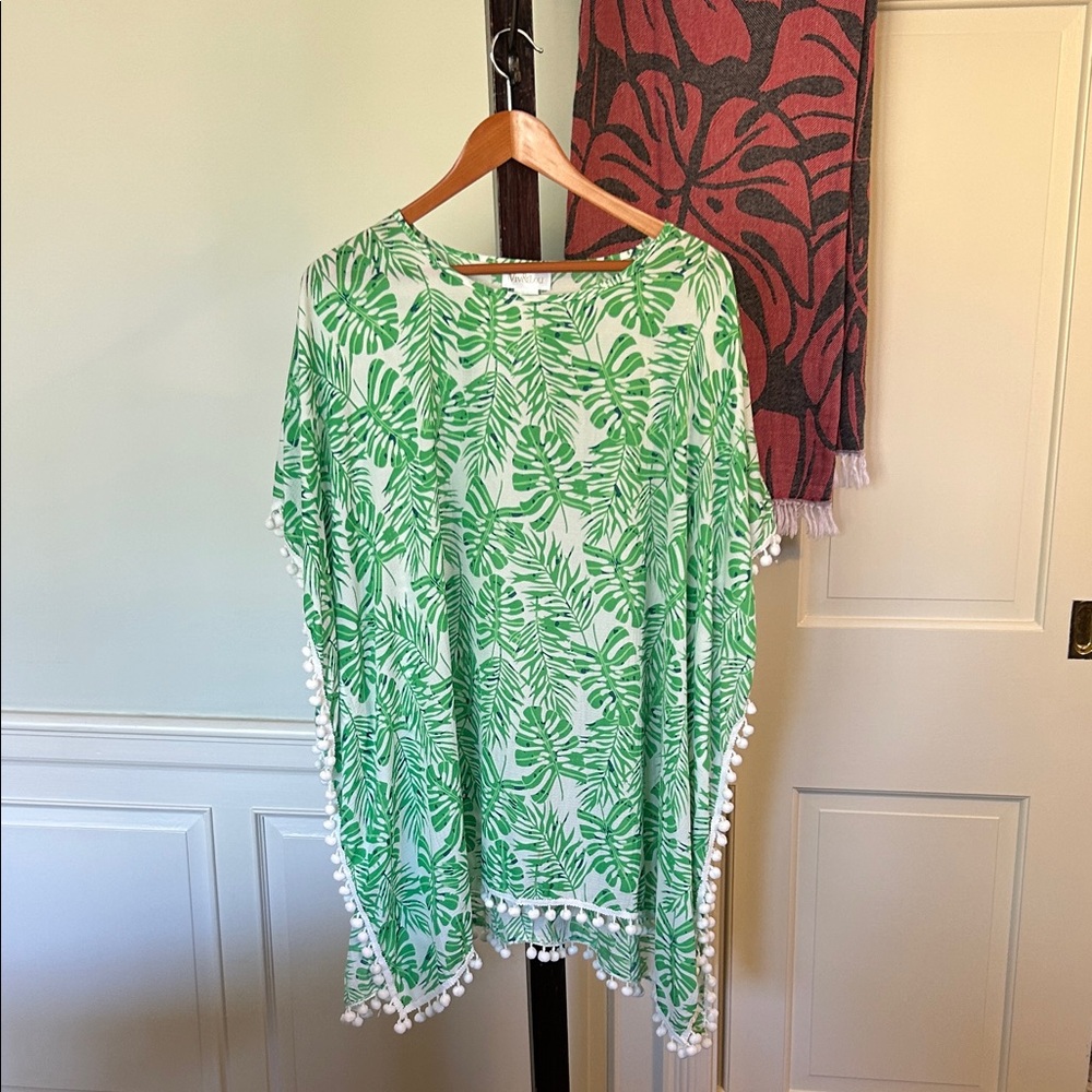 Green Monstera Leaf Set of 3 Coverup + Wrap Scarf Red + Black + Natural Belt - Picture 2 of 15